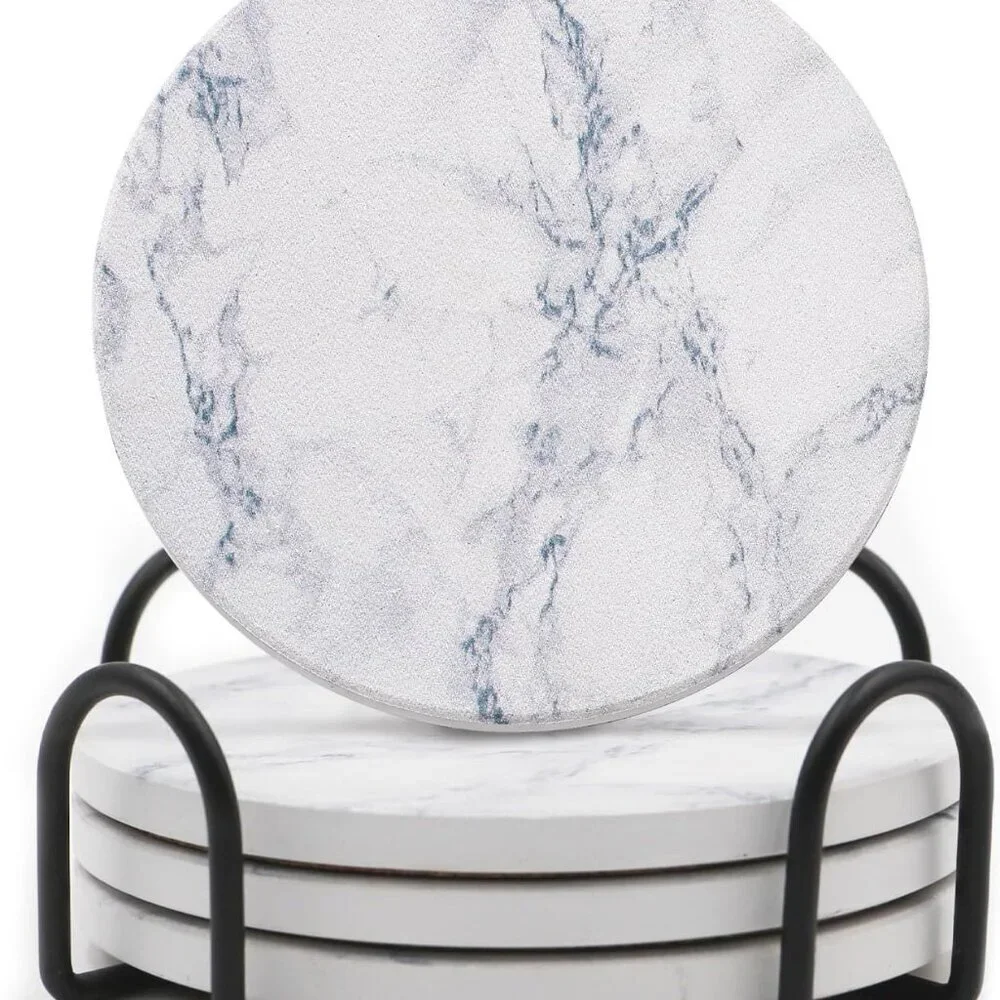 Absorbent Coaster Sets of 4, Drink Coasters with Holder, White Marble Style Cera